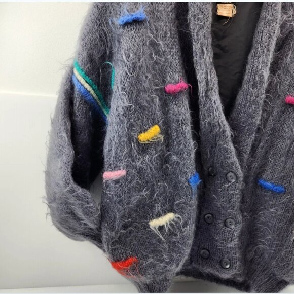 Grandma Core Sweater, Mohair Cardigan Made in Ireland 3 D Lined Pockets Charcoal - Picture 8 of 10